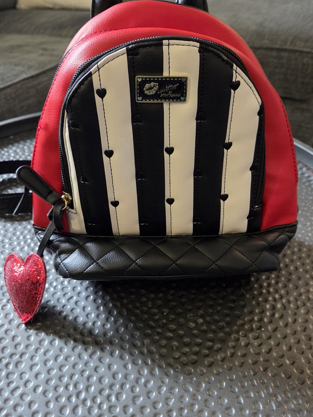 Betsey Johnson Red Black White Heart Stripe Mini Backpack
